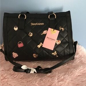 New Juicy Couture Black Faux Leather Quilted Charm Satchel Bag Adjustable Handle